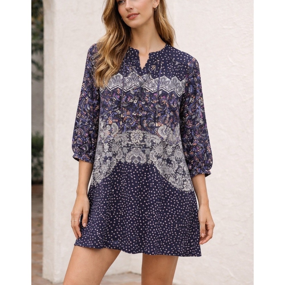 Saloni Navy Mixed Paisley Polka Dot Lace‎ Up Mini Dress Womens US 6 UK 10